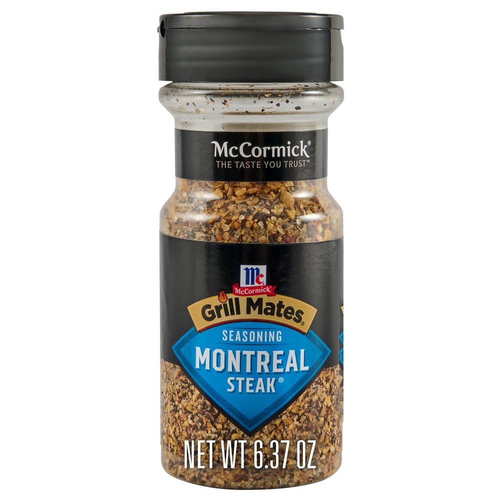 McCormick Grill Mates Montreal steak seasoning bottle pour enhances grilling flavor.
