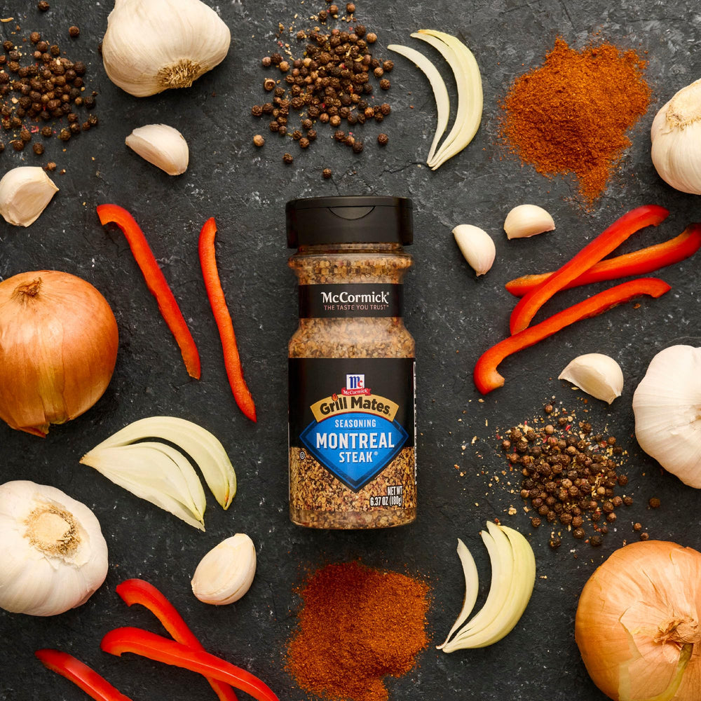 McCormick Grill Mates Montreal steak seasoning bottle shot, no MSG, clean label appeal.