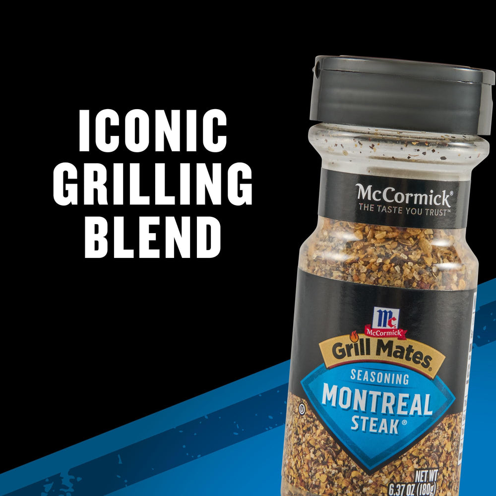 McCormick Grill Mates Montreal steak seasoning packaging box showcases iconic blend.