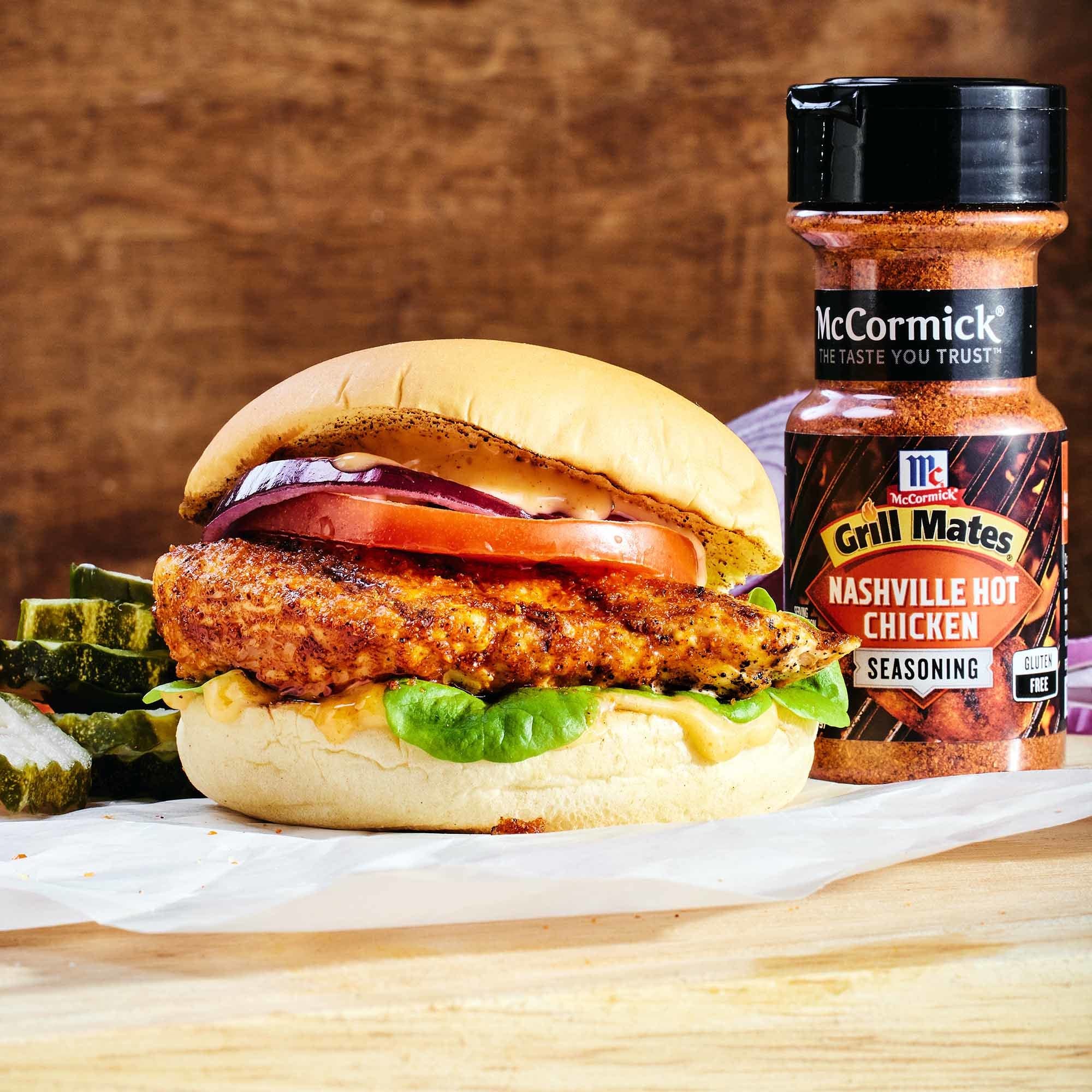 Turkey or veggie burgers seasoned with Nashville Hot mix