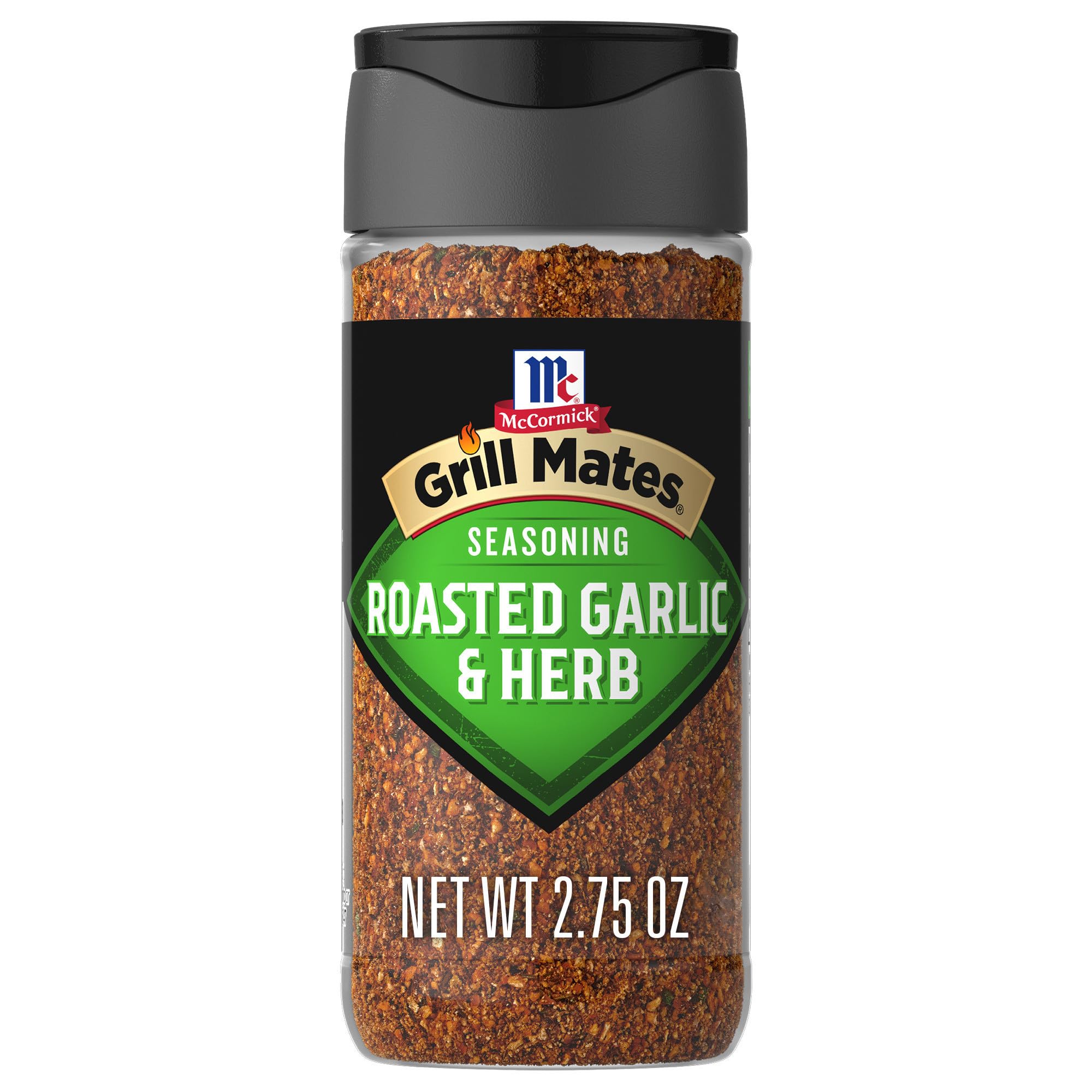McCormick Grill Mates Roasted Garlic & Herb seasoning bottle for quick flavor boosts on meats