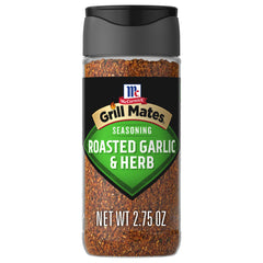 McCormick Grill Mates Roasted Garlic & Herb seasoning bottle for quick flavor boosts on meats
