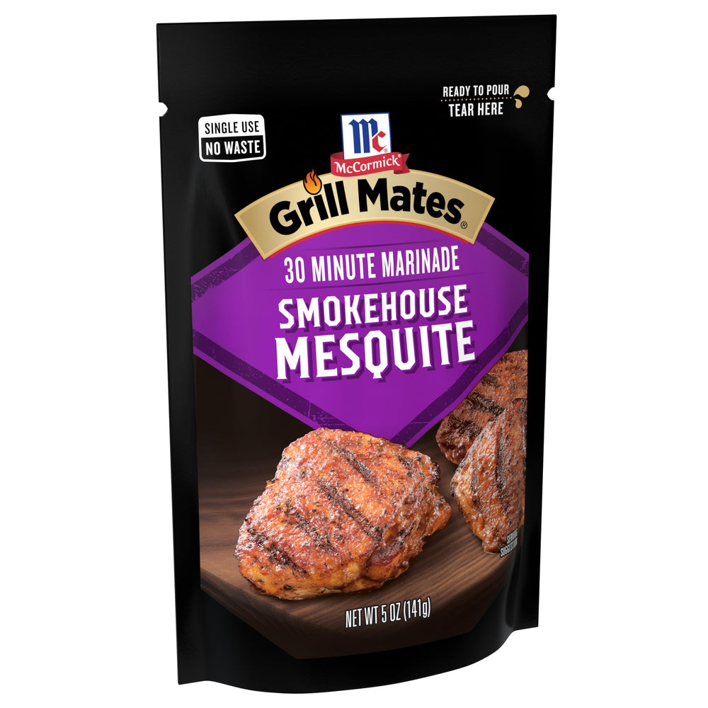 McCormick Grill Mates Smokehouse Mesquite marinade pouch ready for a 30-minute flavor boost.