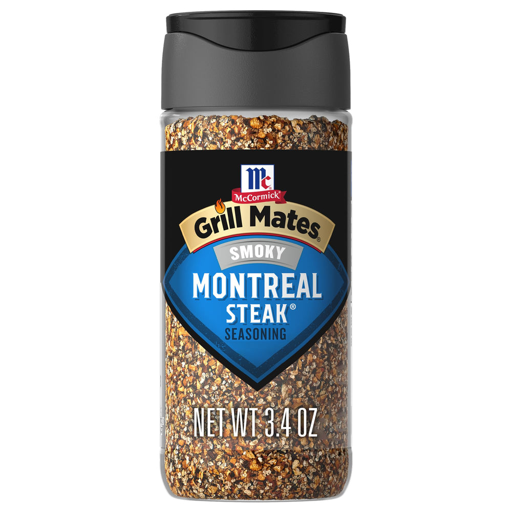 McCormick Grill Mates Smoky Montreal Steak Seasoning jar shows smoky pepper blend
