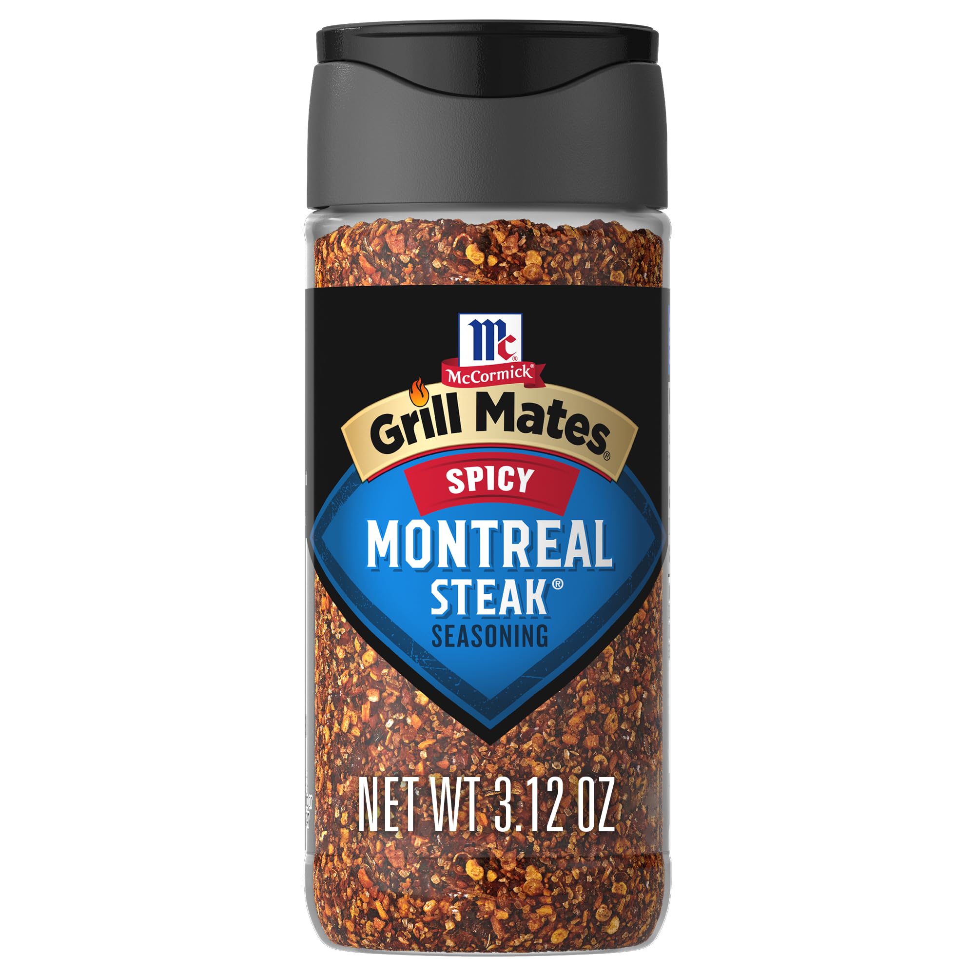 McCormick Grill Mates Spicy Montreal steak seasoning bottle adds bold heat for grilling