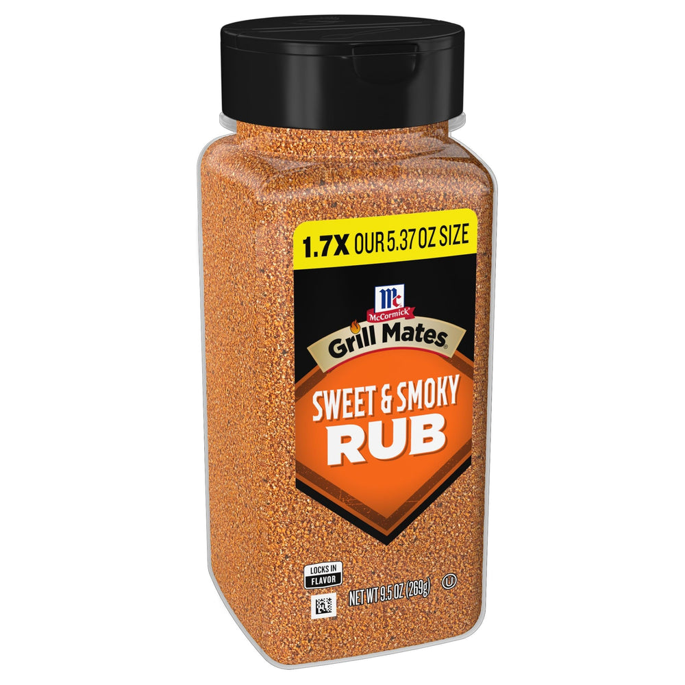 McCormick Grill Mates Sweet & Smoky Rub bottle on grill for bold flavor