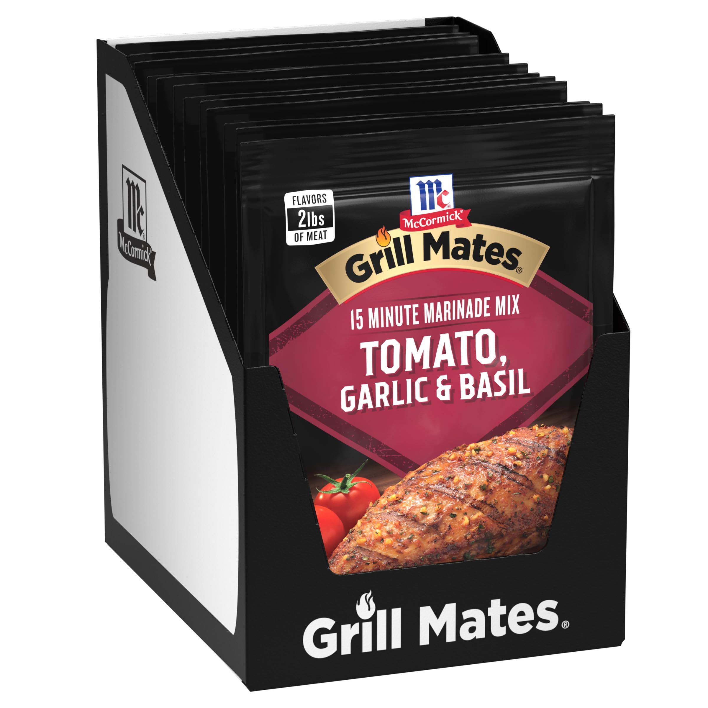 McCormick Grill Mates Tomato Garlic Basil marinade bottle ready for grilling, boosts savoriness