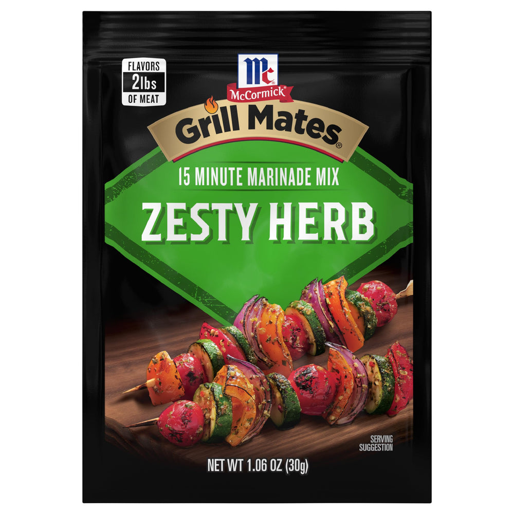 McCormick Grill Mates Zesty Herb Marinade Mix bottle adds zesty basil and jalapeño to grilled foods.