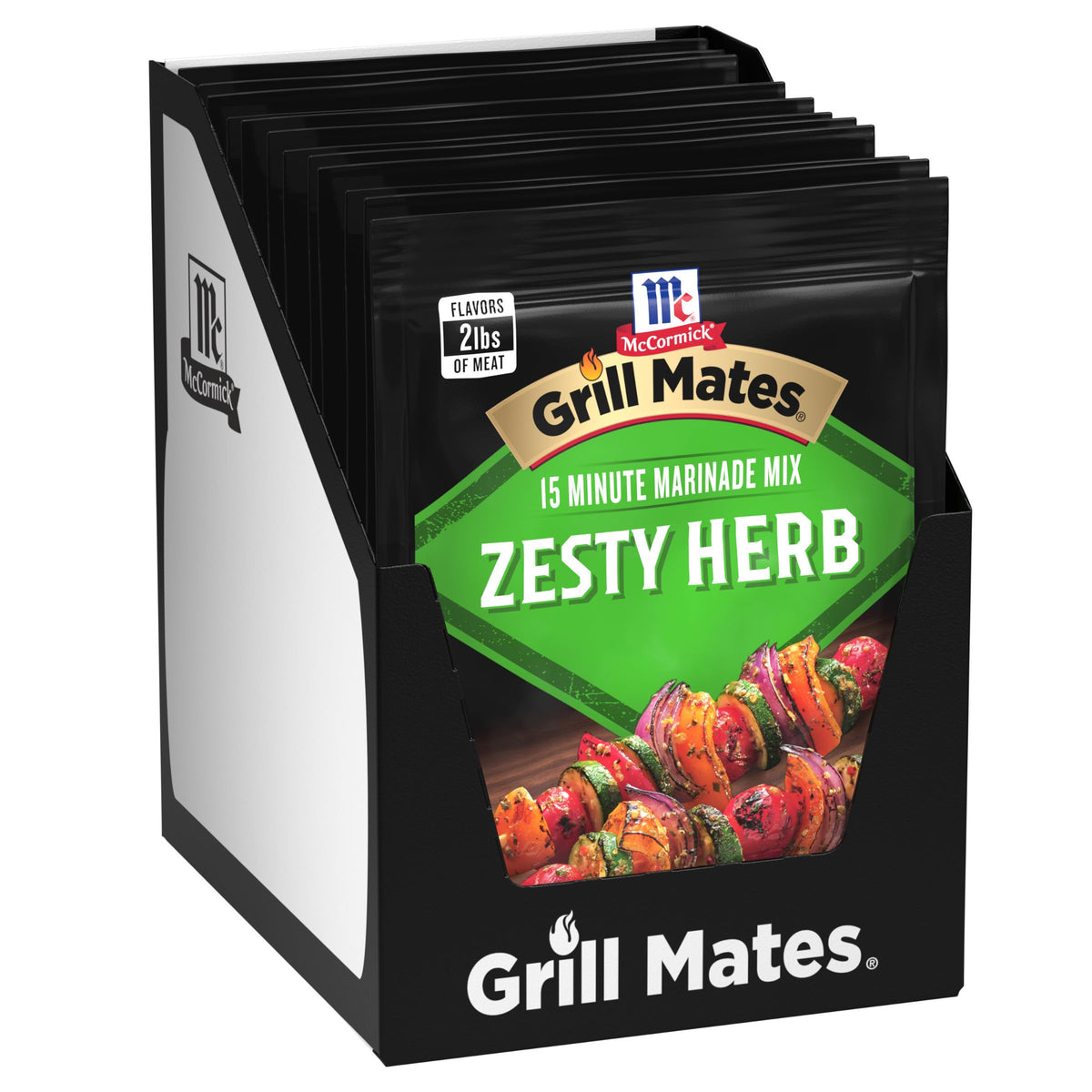 McCormick Grill Mates Zesty Herb Marinade Mix packaging close-up for easy flavor.
