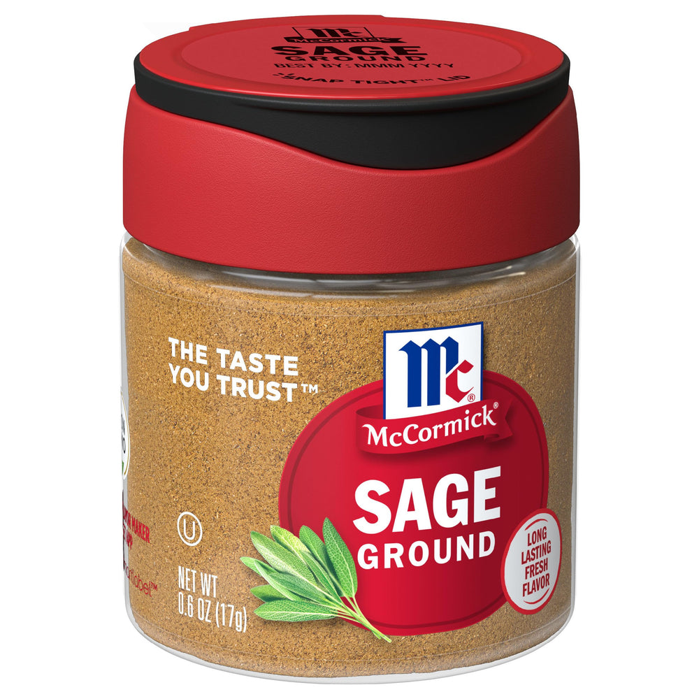 McCormick Ground Sage bottle close-up highlighting bright herb flavor.