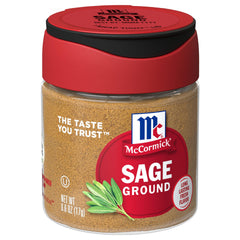 McCormick Ground Sage bottle close-up highlighting bright herb flavor.
