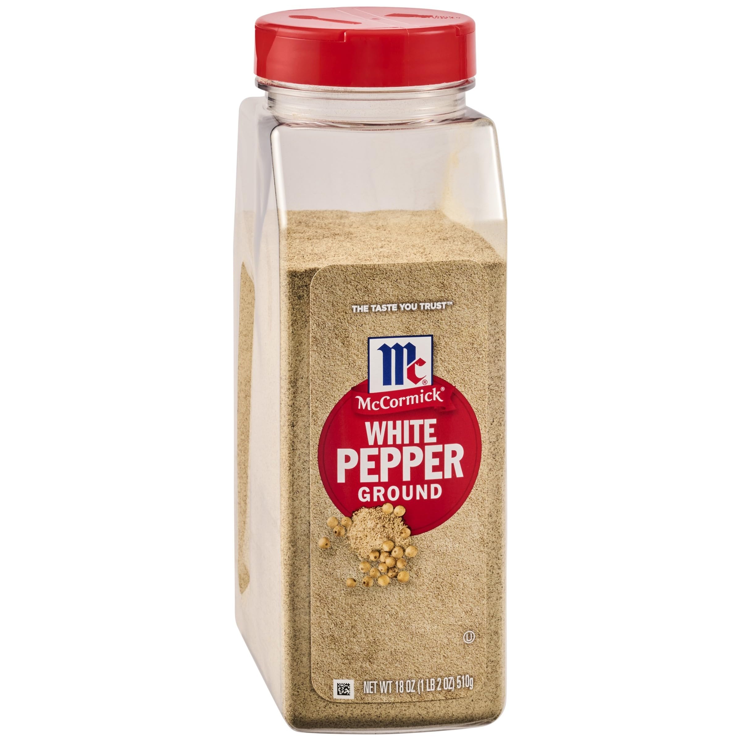 McCormick Ground White Pepper bottle front view showing premium quality for light dishes