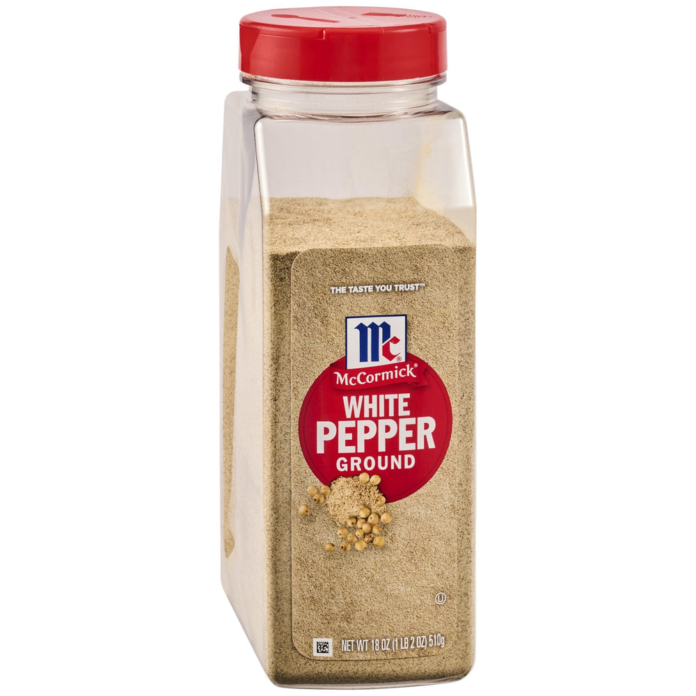 McCormick Ground White Pepper bottle front view showing premium quality for light dishes