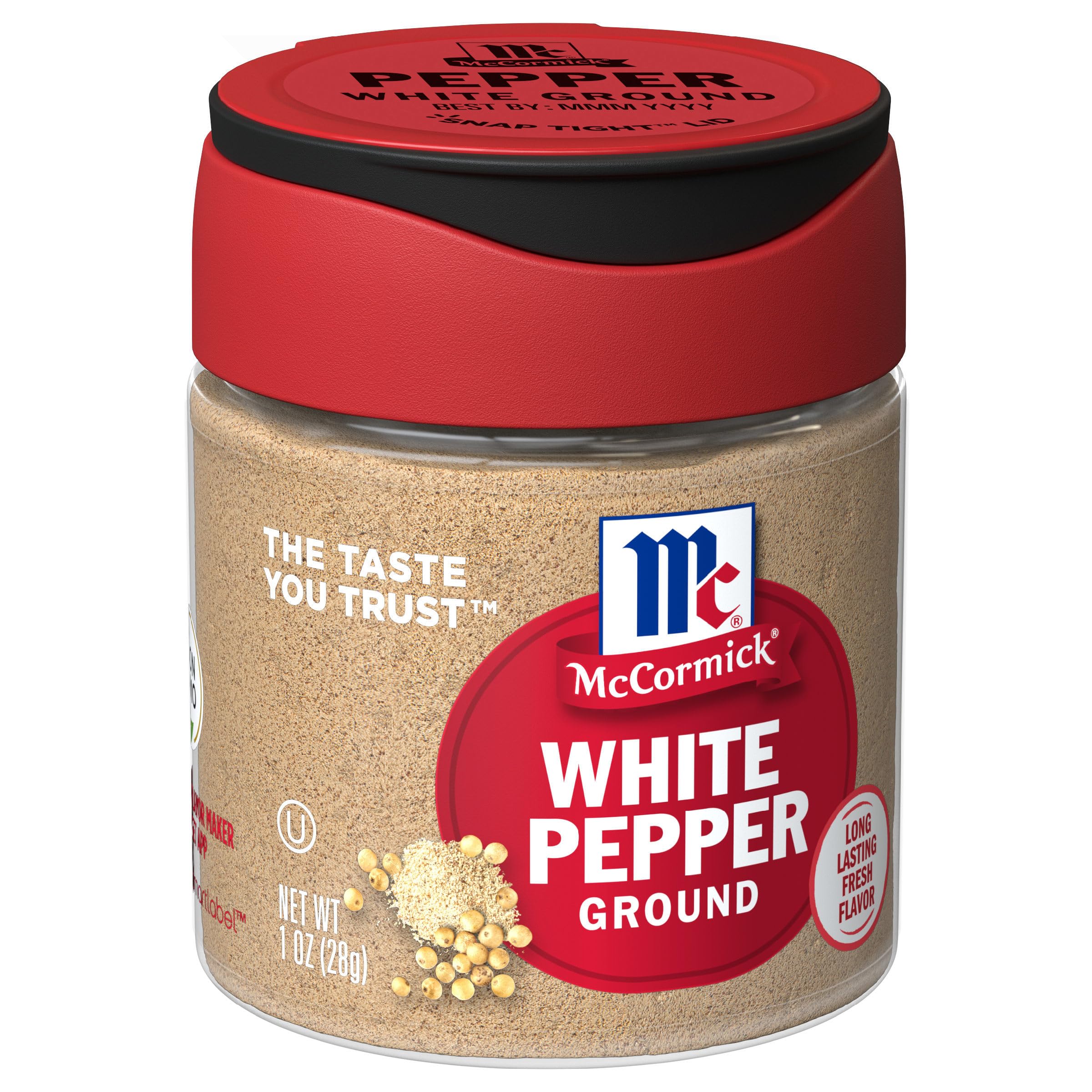 McCormick Ground White Pepper jar closeup shows premium seasoning for light dishes.