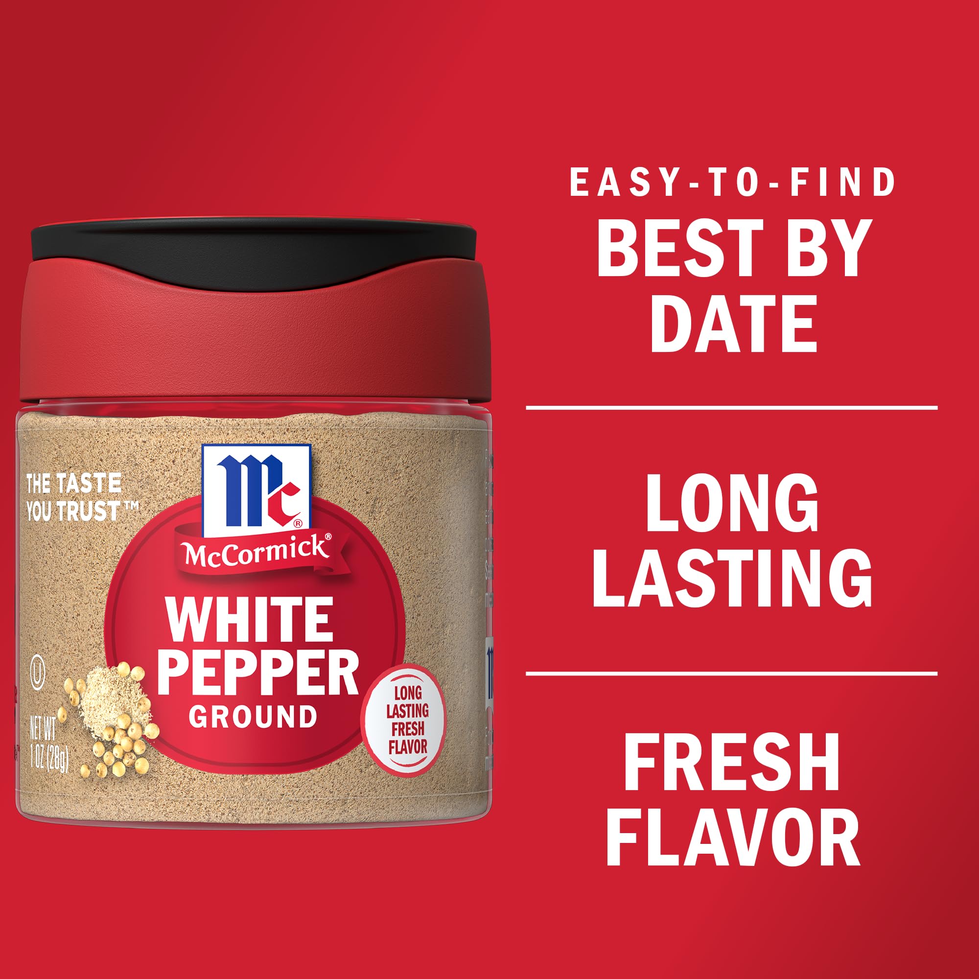 McCormick Ground White Pepper shaker dispensing easy seasoning for sauces.