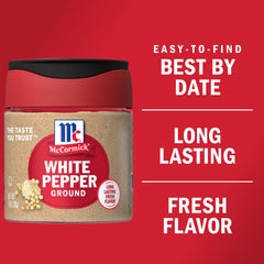 McCormick Ground White Pepper shaker dispensing easy seasoning for sauces.