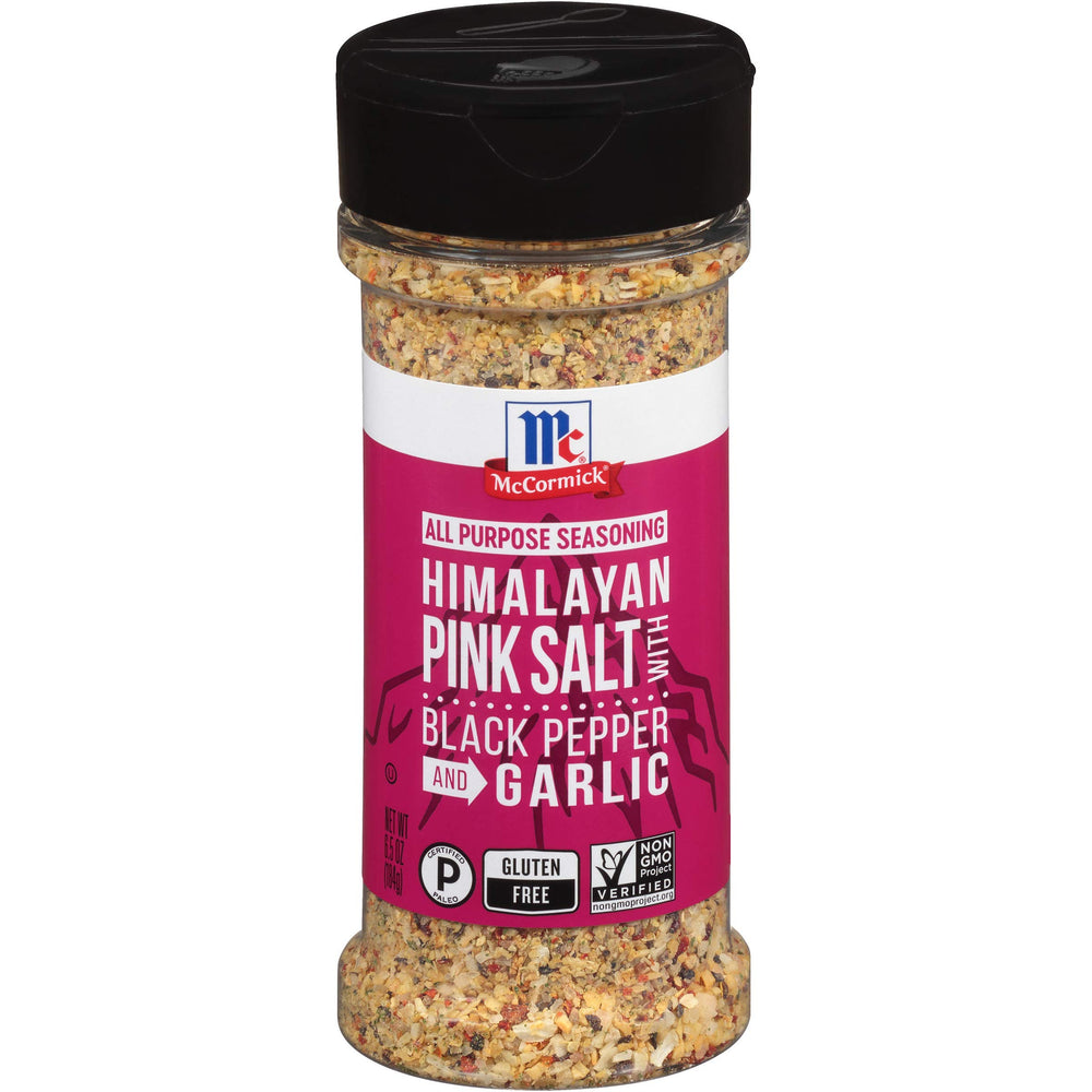 McCormick Himalayan Pink Salt with Black Pepper and Garlic bottle for versatile seasoning.