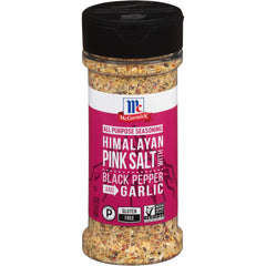 McCormick Himalayan Pink Salt with Black Pepper and Garlic bottle for versatile seasoning.