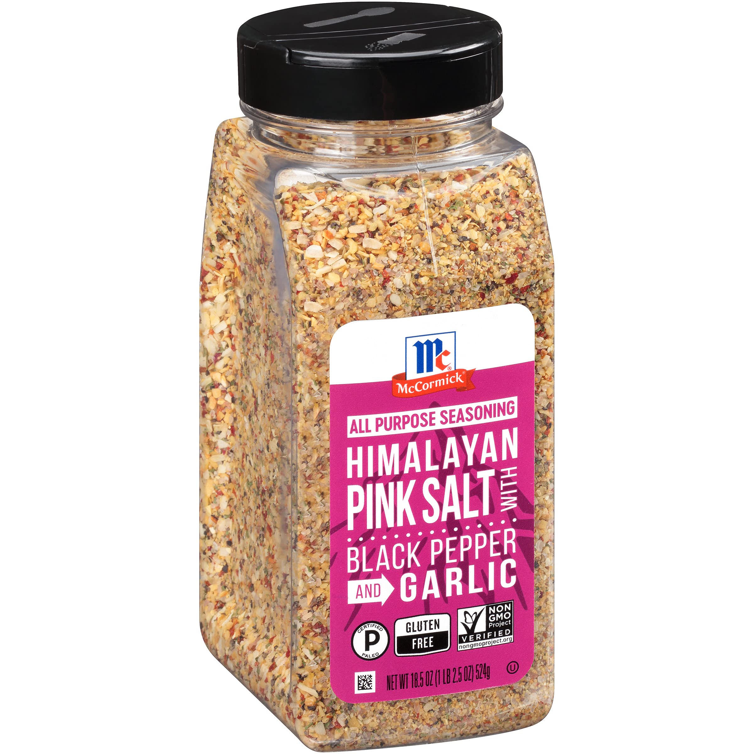 McCormick Himalayan Pink Salt with Black Pepper and Garlic jar label shows bold all-purpose flavor.