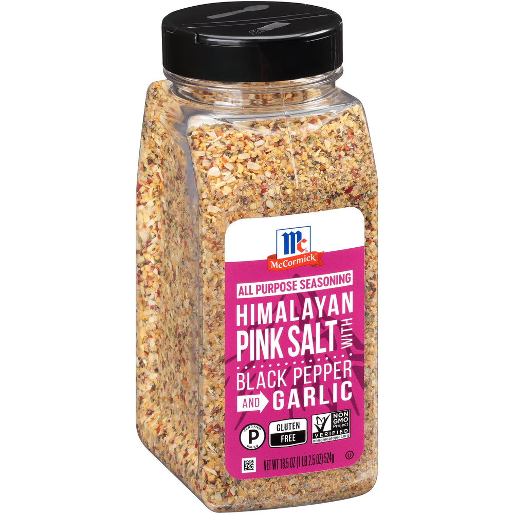 McCormick Himalayan Pink Salt with Black Pepper and Garlic jar label shows bold all-purpose flavor.