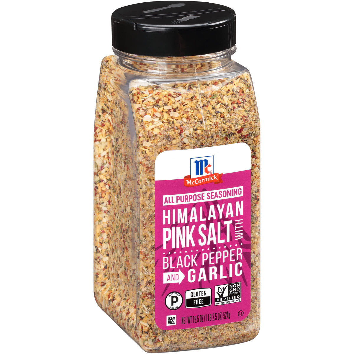 McCormick Himalayan Pink Salt with Black Pepper and Garlic jar label shows bold all-purpose flavor.
