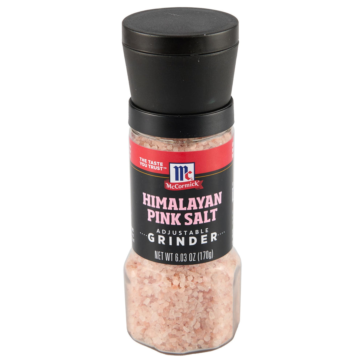 McCormick Himalayan Pink Salt grinder top view showing adjustable grind for precise seasoning