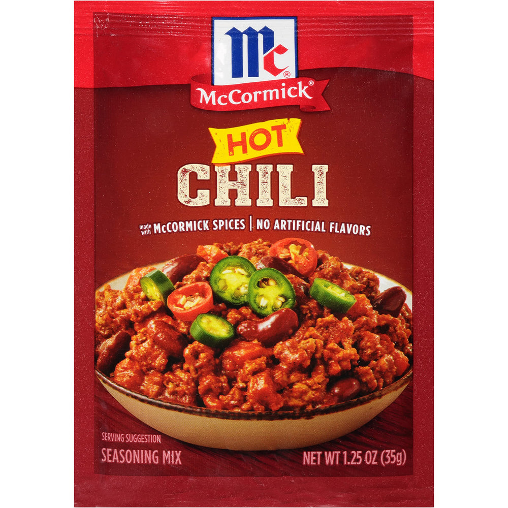 McCormick Hot Chili Seasoning Mix jar label ready for bold chili flavor.