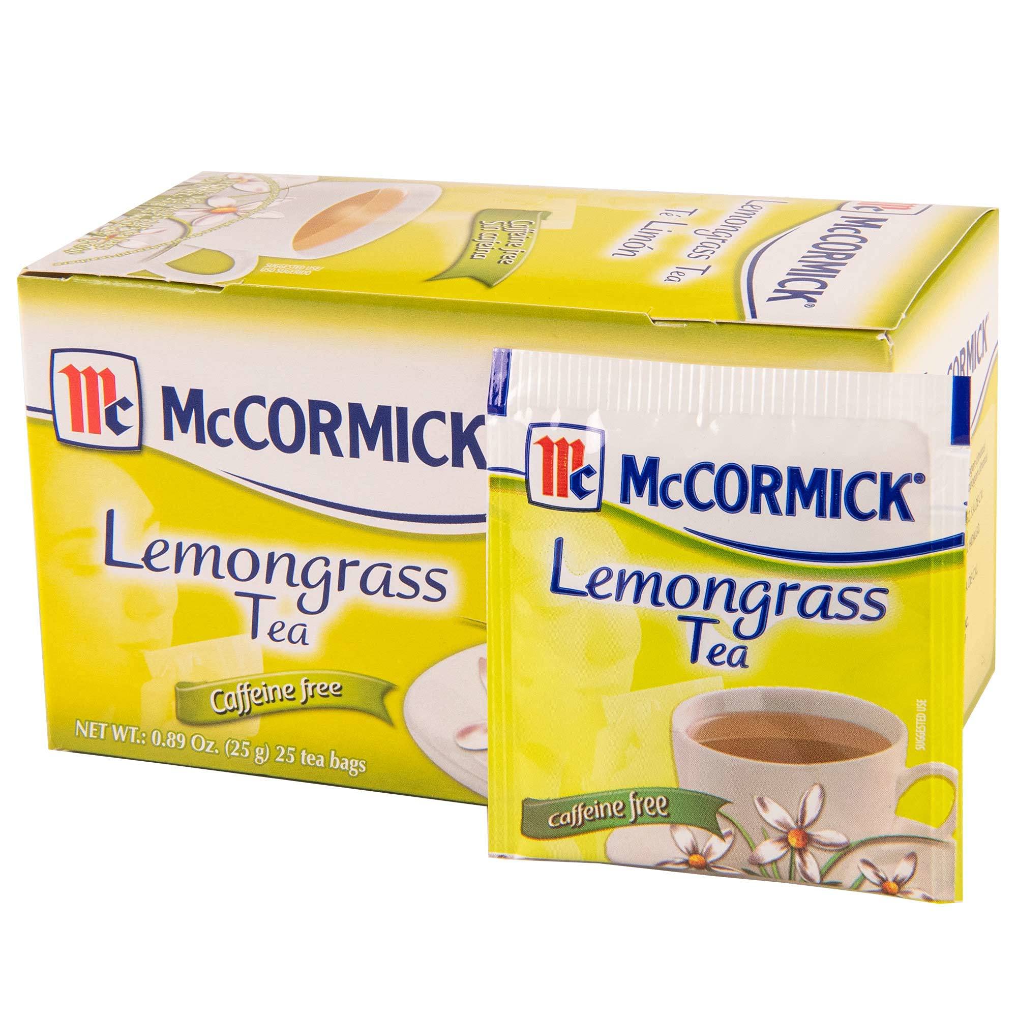 Teabag resting in hot water, 3-minute steep for balanced McCormick Lemongrass Tea.