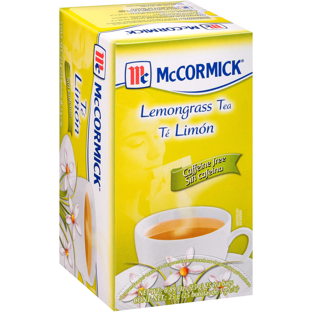 McCormick Lemongrass Tea Bags in a warm cup with steam, caffeine-free relaxation.