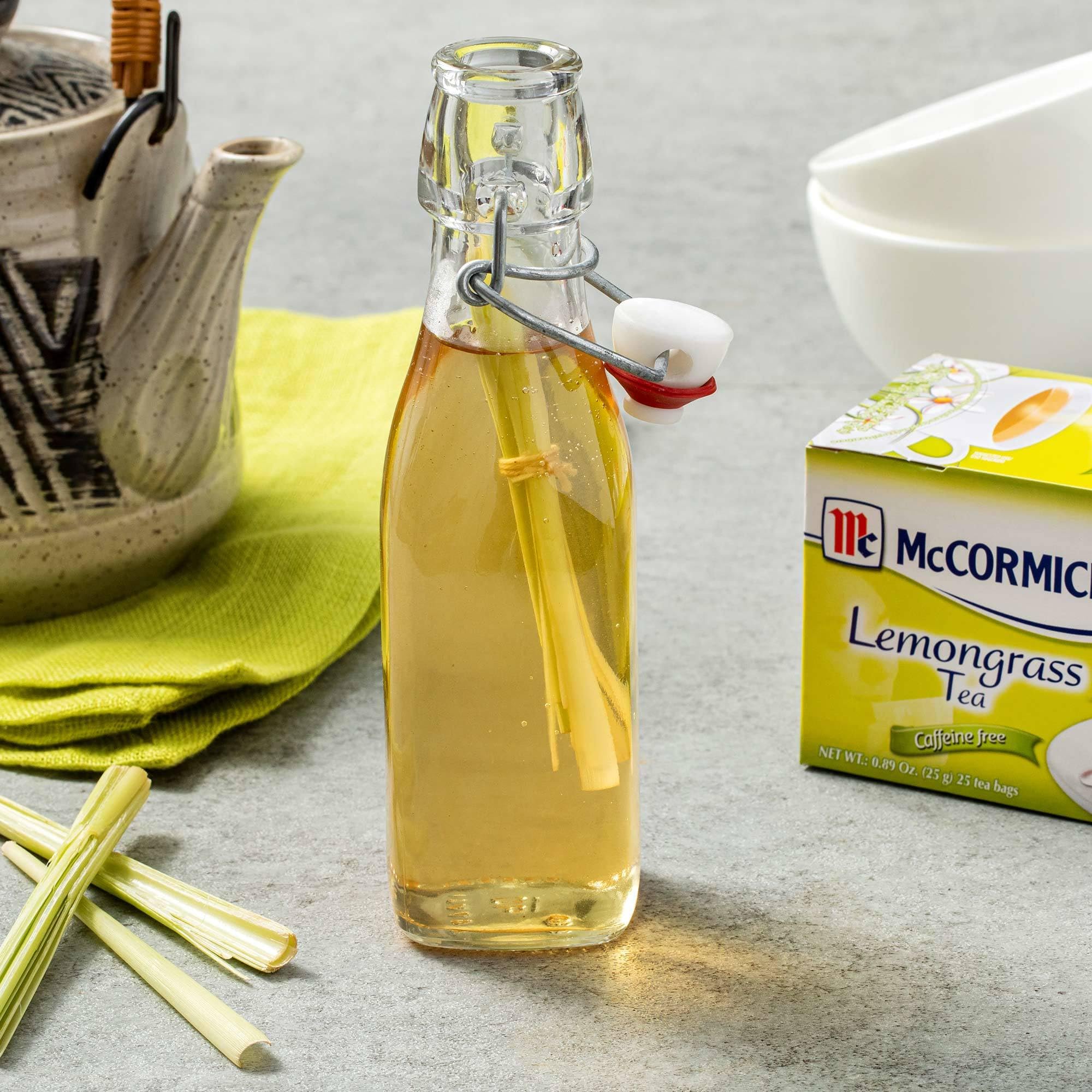 Steam rising from a hot cup of McCormick Lemongrass Tea for a calm afternoon.