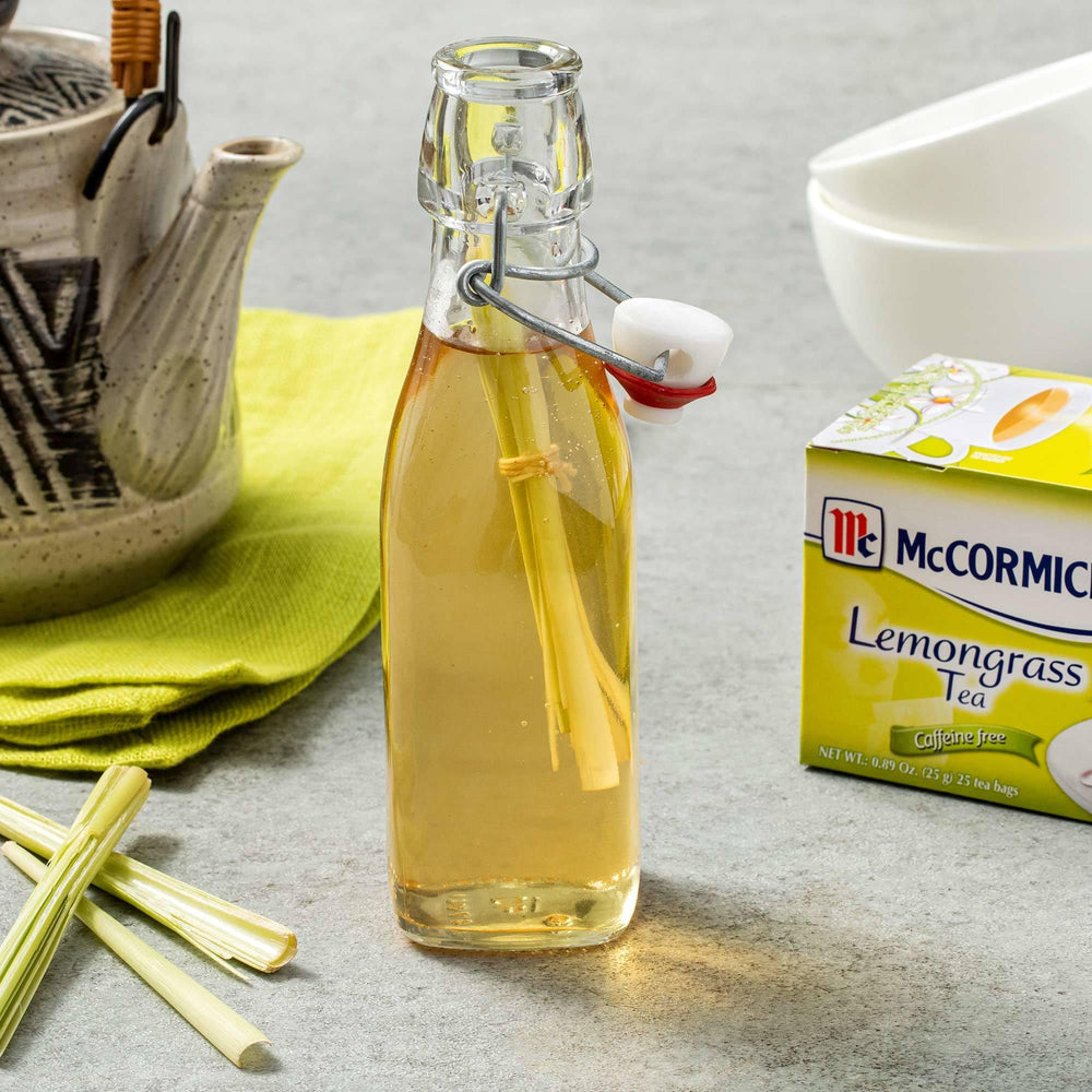 Steam rising from a hot cup of McCormick Lemongrass Tea for a calm afternoon.