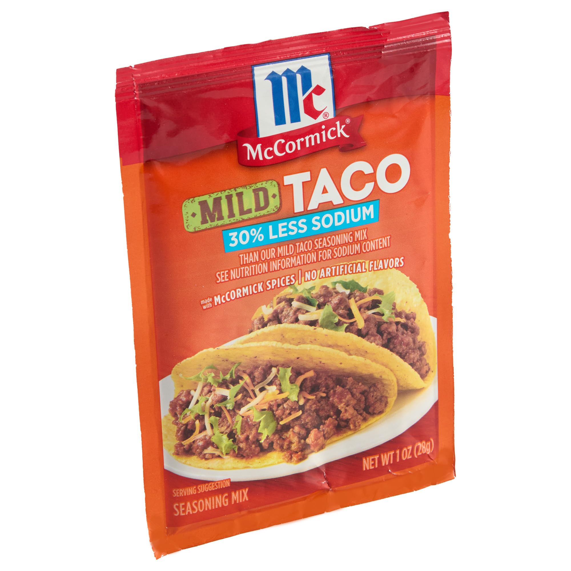 McCormick less-sodium taco seasoning label closeup highlights clean ingredients and lower sodium