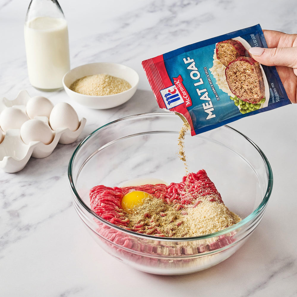 Kitchen counter with McCormick Meat Loaf Seasoning jar nearby