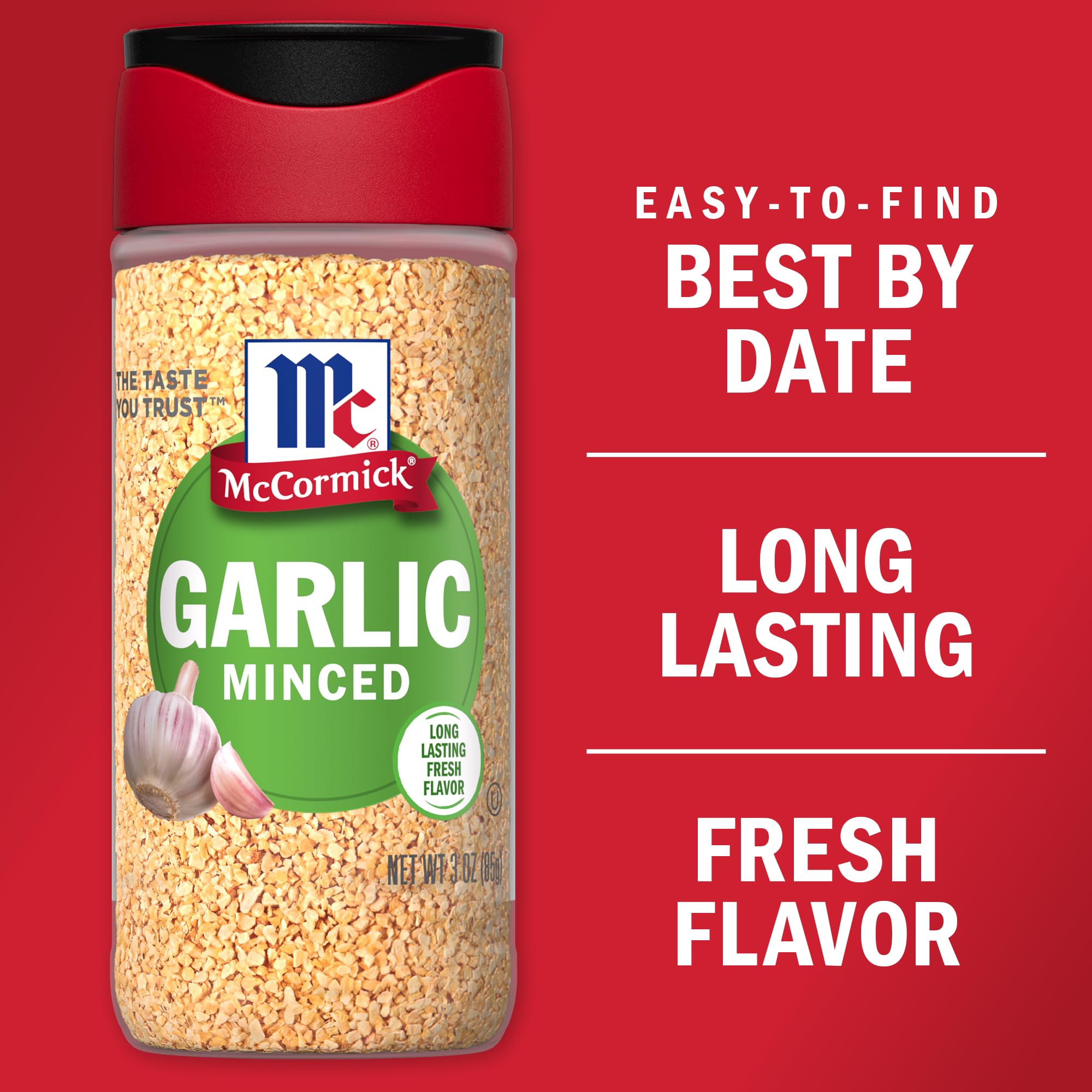 McCormick Minced Garlic packaging stack shows consistent flavor and long shelf life