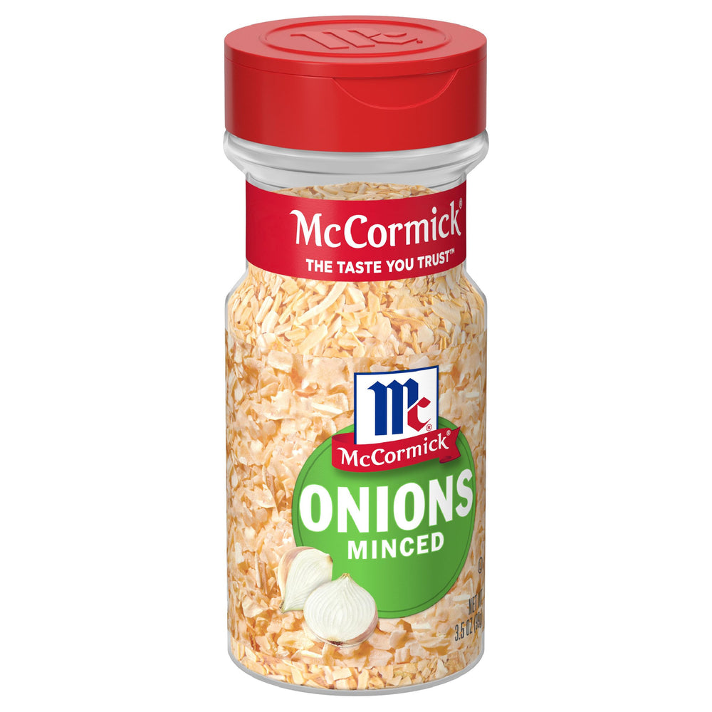 McCormick Minced Onions bottle front for quick flavor boost in meals.