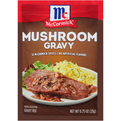 McCormick Mushroom Gravy Mix packet closeup with no artificial flavors.
