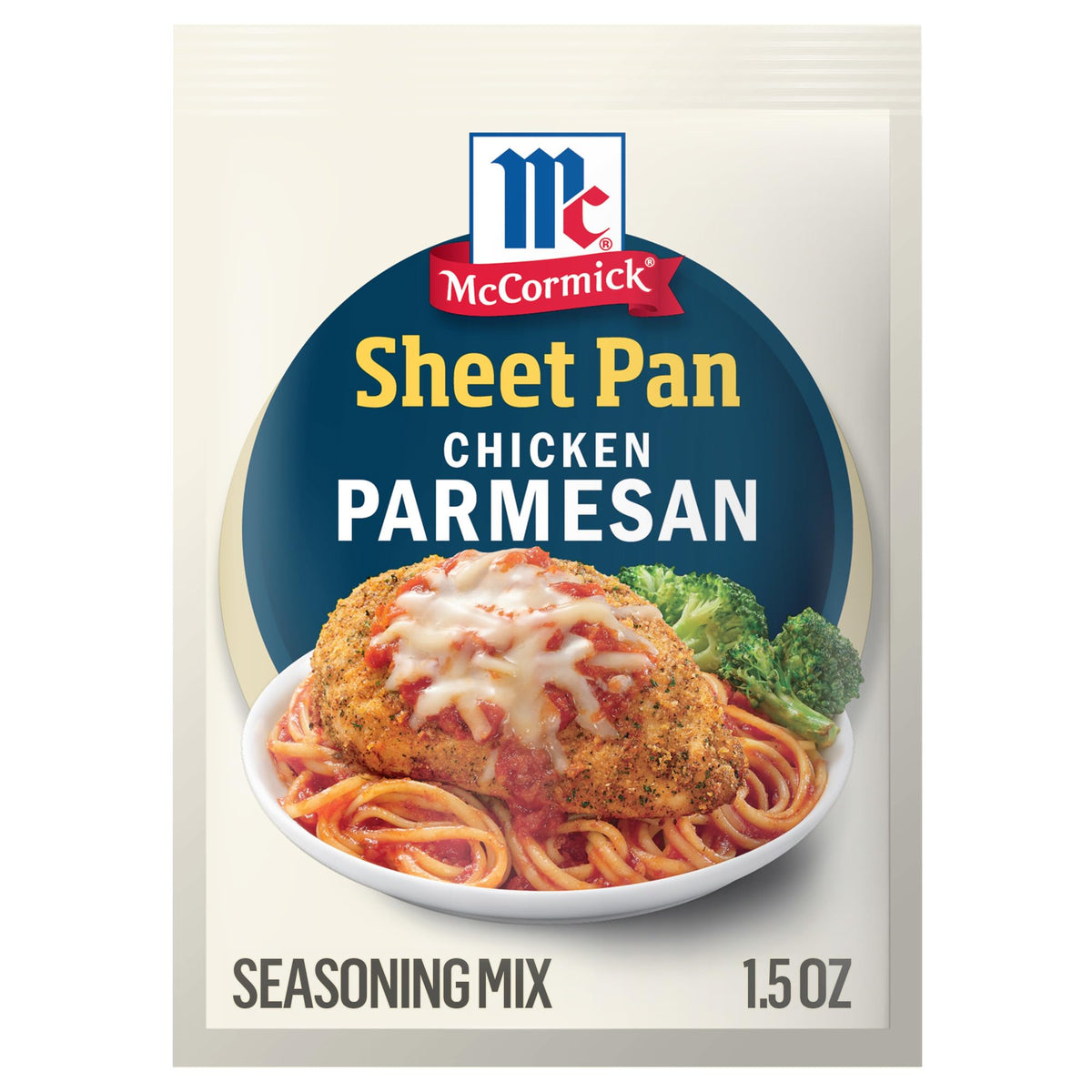 McCormick One Sheet Pan Chicken Parmesan seasoning on raw chicken with broccoli for easy weeknight dinner