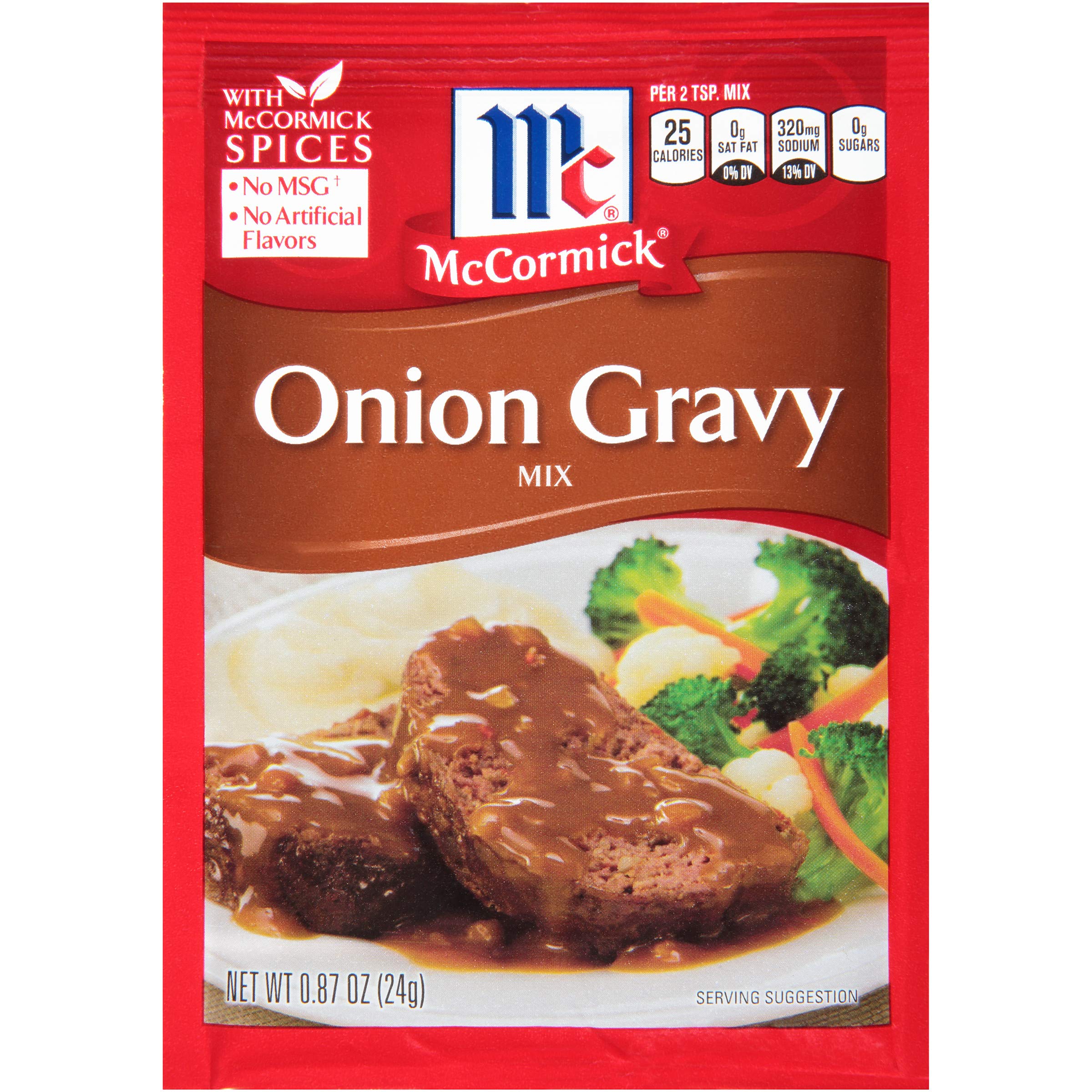 McCormick Onion Gravy Mix packaging for quick, shelf-stable flavor.