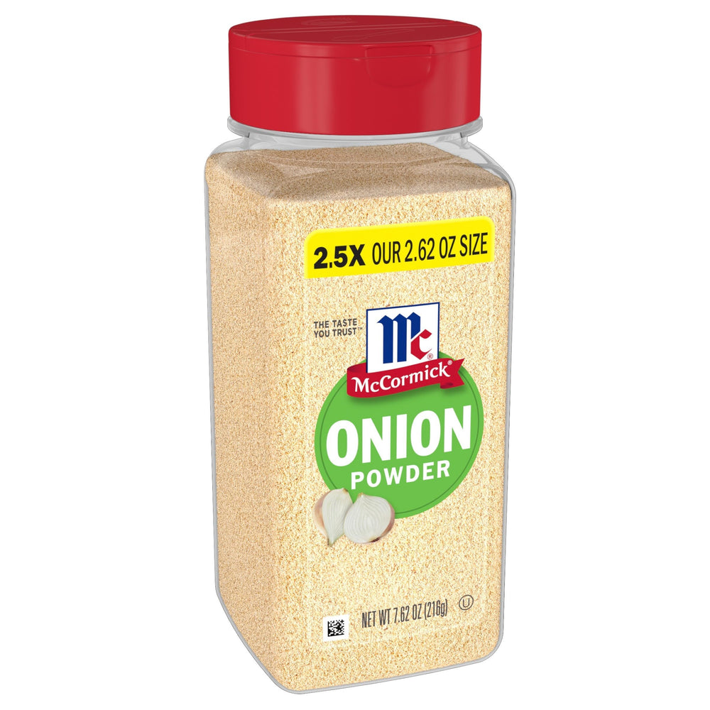 McCormick Onion Powder bottle closeup showing rich aroma and convenient packaging.