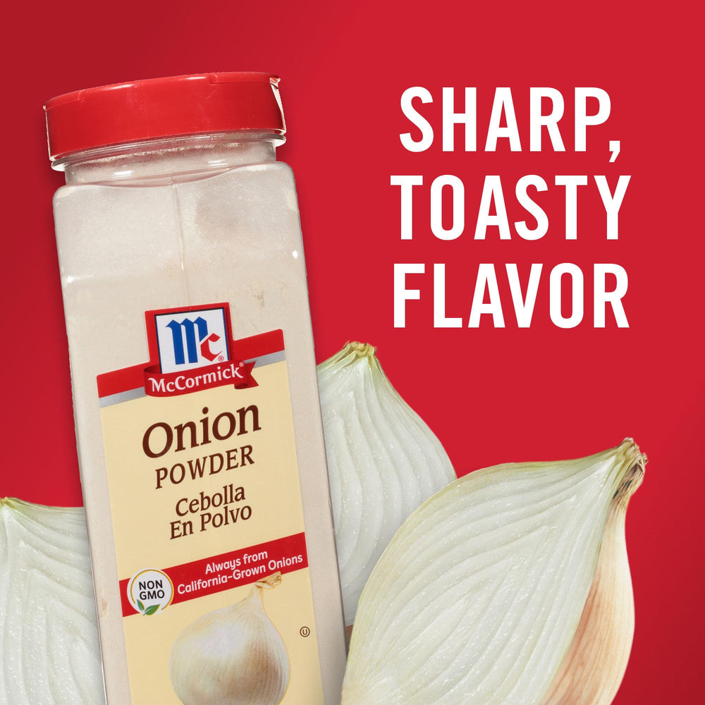 McCormick Onion Powder measuring spoon shows easy, even seasoning for soups and sauces.