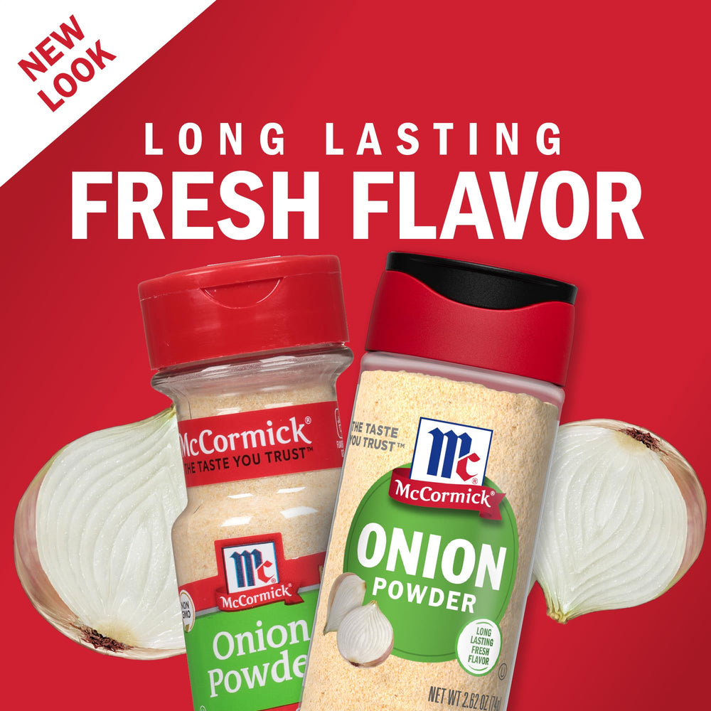 Measuring spoon with McCormick Onion Powder for quick cooking portions.