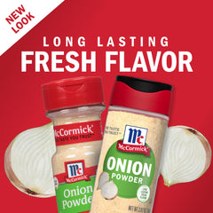 Measuring spoon with McCormick Onion Powder for quick cooking portions.