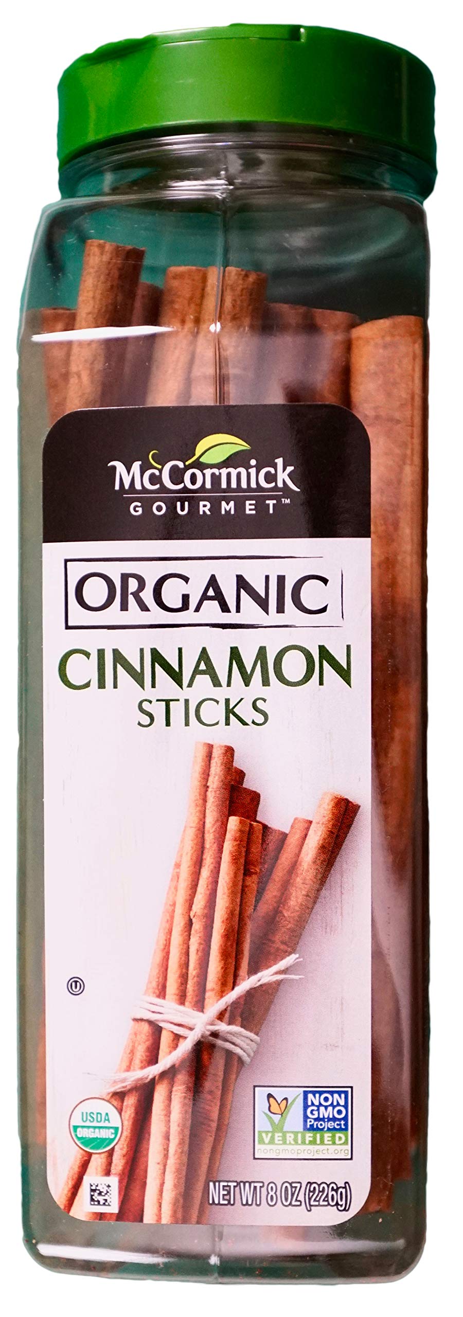 McCormick Organic Cinnamon Sticks bottle, fragrant spice for beverages and baking.