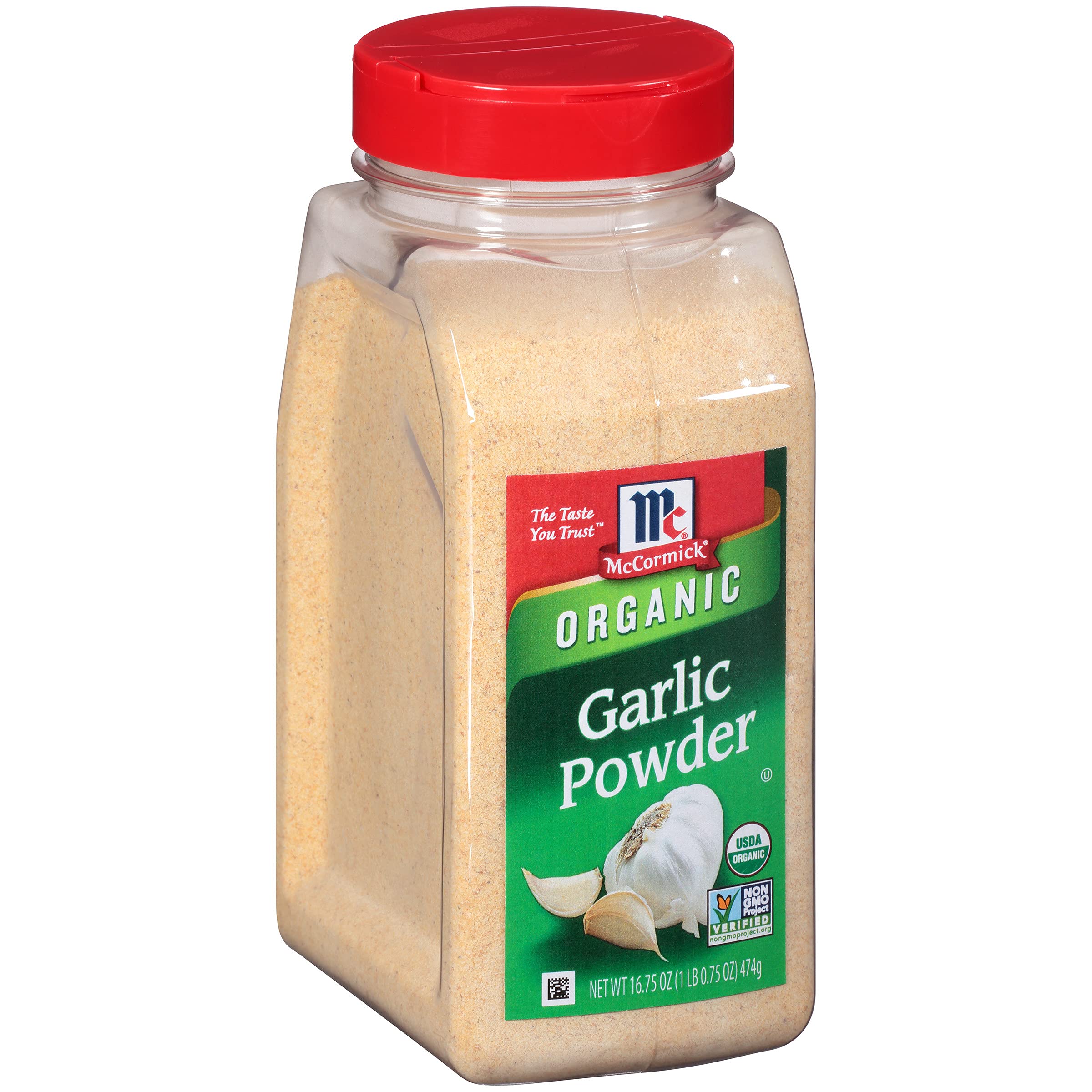 McCormick Organic Garlic Powder bottle for rich, ready-to-use flavor in meals.