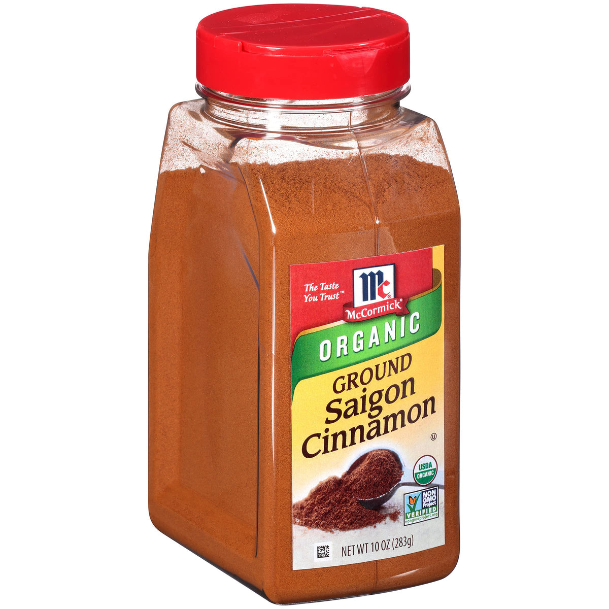 McCormick Organic Ground Saigon Cinnamon bottle close-up for premium baking flavor.