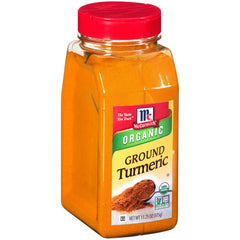 McCormick Organic Ground Turmeric bottle showing vibrant yellow-orange color for curries and rice