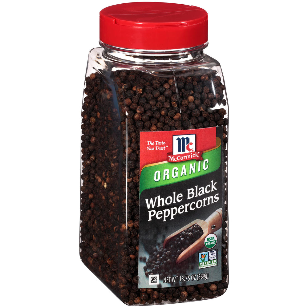McCormick Organic Whole Black Peppercorns bottle front showing premium packaging and bold aroma