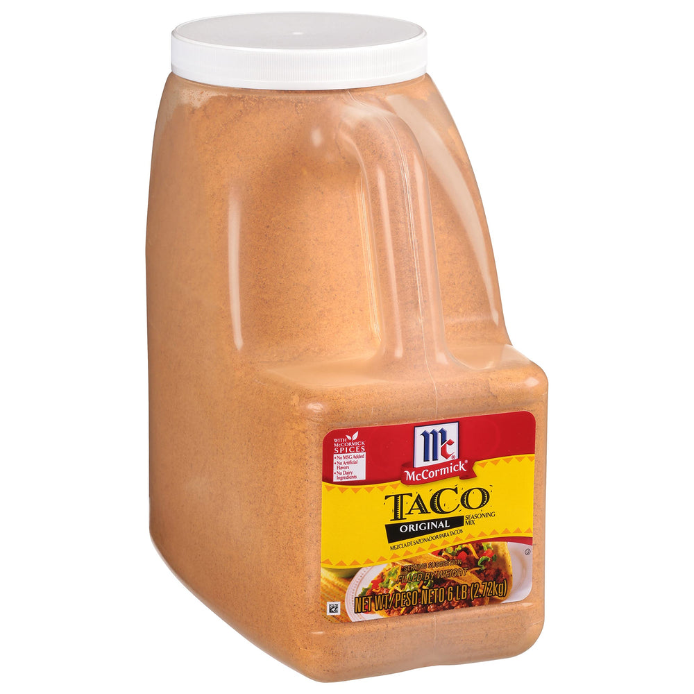 McCormick Original Taco Seasoning 6lb container on pantry shelf, ideal for bold taco nights.