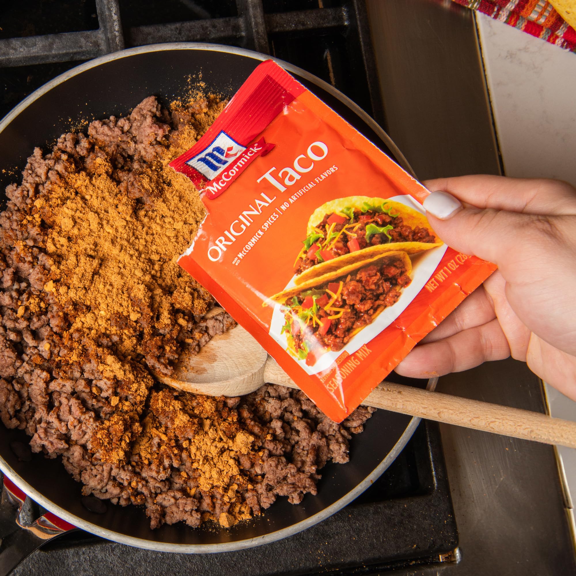 McCormick Original Taco Seasoning enhances burgers with bold flavor.