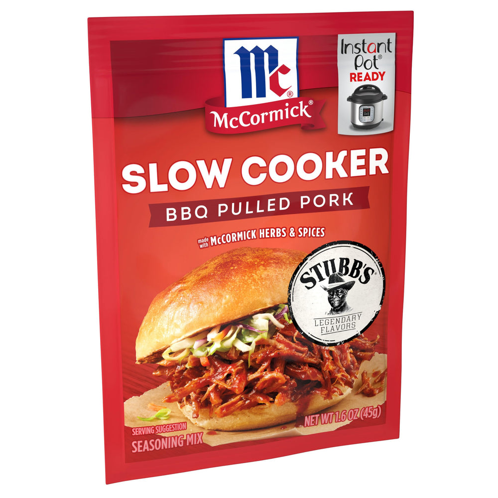 McCormick seasoning packet close-up with label ready to spice pork